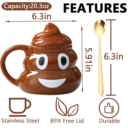 Funny Poop Coffee Mug with Spoon, Ceramic Coffee Cup with Lid and Handle, 600ML Unique Mug for Men, Women, Gifts, Tea, Office Daily Drinking and Friends(Style B)