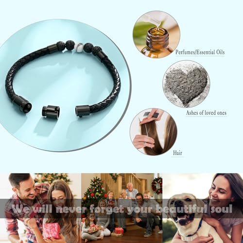 Lava Stone Urn Bracelet for Ashes Cremation Jewelry for Women Men Genuine Leather Memorial Rope Cuff Bangle Braided Bracelets Keepsake Jewelry for Loved Ones with Fill Tool 22cm 4 Lava Stone+1 White Howlite