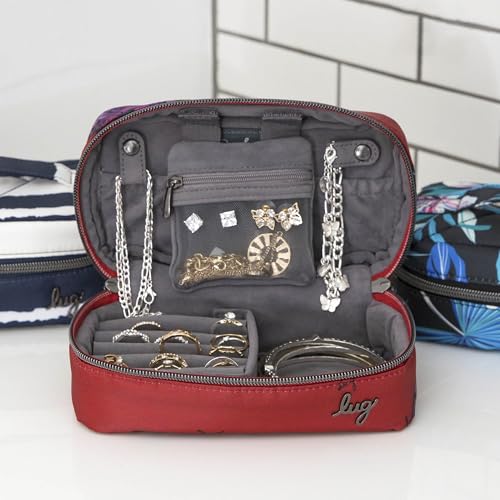 Lug Swizzle Jewelry Case in zebra sand fabric with multiple compartments for organizing earrings, necklaces, and rings.