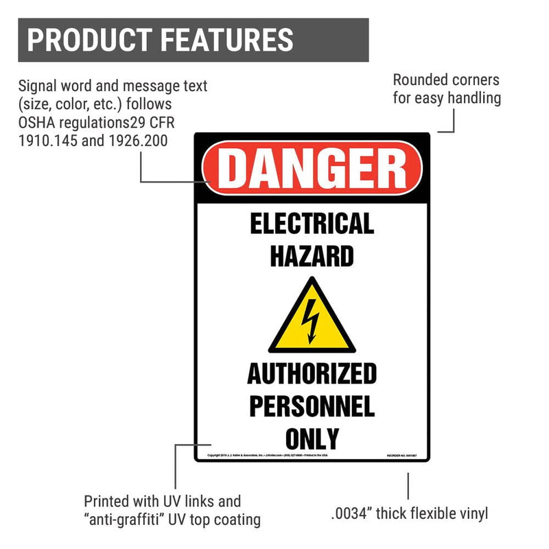 Danger: Electrical Hazard, Authorized Personnel Only Sign, 10" x 14" Permanent Self Adhesive Vinyl with Rounded Corners, OSHA Compliant, J. J. Keller & Associates, Inc. 10" x 14"