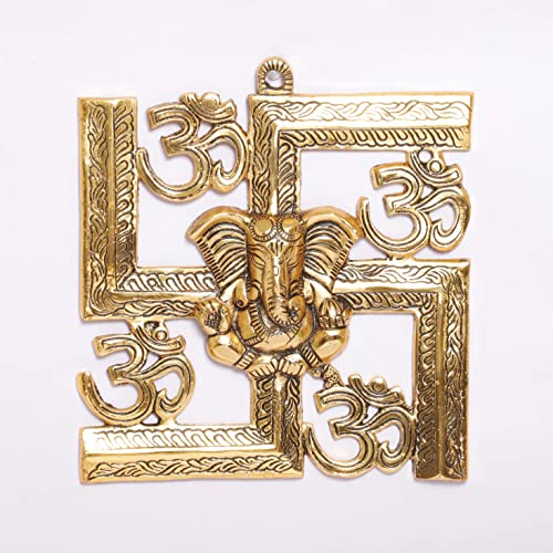 KridayKraft Ganesha Metal Statue,Ganpati Wall Hanging Sculpture,Metal Swastik Ganesha Murti Lucky for Home & Office, Gold