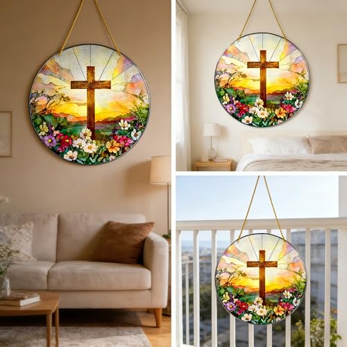 Stained Acrylic Suncatcher, Cross-Shaped Wooden Frame 7.8*7.8 IN