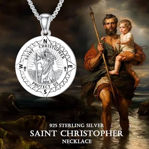 St Christopher Necklace for Men, St Christopher/Jesus Necklace 925 Sterling Silver Antiqued Religious Pendant Men Necklaces Talisman Jewellery Christening Graduation Gifts 03-St Christopher