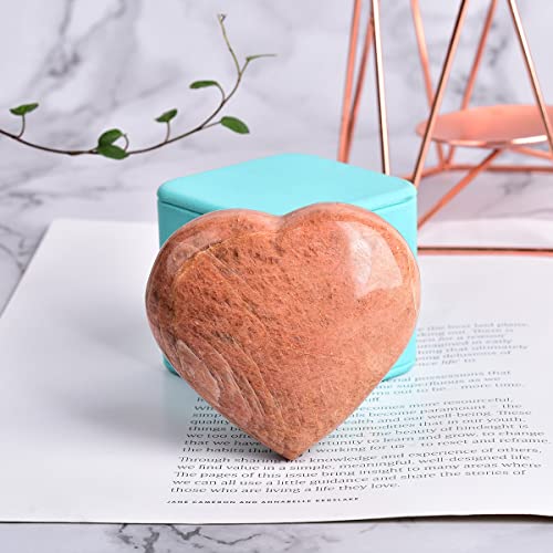 JIC Gem Large Orange Moonstone Heart Shaped Healing Crystal Love Palm Worry Stone Pocket Gemstone with Display Stand Chakra Balancing Chakra Balancing 3-3.3 Inch