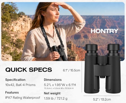 HONTRY 10x42 Binoculars with IPX7 Waterproof Protection Black Mid Size