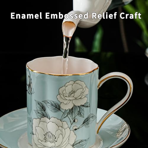 Floral Tea Cup and Saucer Set, Bone China Cup and Saucer with Spoon, Elegant Porcelain Coffee Cup with Gold Trim, Food Grade Coffee Mug for Women, Tea Party, Gifts Giving, 8.5 oz