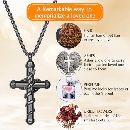 OIDEA Snake Cross Urn Necklaces for Ashes: Men Women Openable Stash Necklace with Spoon Ashes Necklace Memorial Keepsake Cremation Jewelry for Human Ashes 1. black