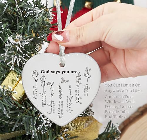 Heart Shaped White Ceramic Ornament-Christian Scripture Gift for Women-God Says You are Affirmation Religious Bible Verse Keepsake-Inspirational Birthday or Graduation Ornament Home Decor 242-God Says You Are chosen