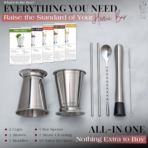 Gusto Nostro Mint Julep Cups Set of 2 - Stainless Steel Julep Cup Kit with Straws, Muddler, Spoon,Recipes, Vases - Southern-style Cocktail Glasses for Home Bar - Stainless Steel Cocktail Cups (Silver) Silver