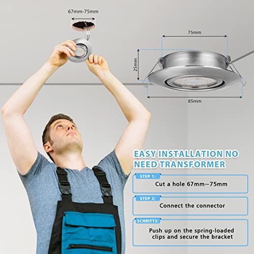 LED Recessed Spotlight, 230 V, Flat, Dimmable LED Spotlights, 6 W, IP44, Bathroom Recessed Lights, Ceiling Spotlights, Warm White, 3000 K, Swivelling Recessed Spotlights for Bathroom, Kitchen, Living Nickel-warm White 3000 K Set of 6