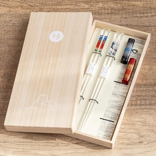 AOBA Handcrafted Authentic Japanese Chopsticks [Made in Japan/Dishwasher-safe]: Katsushika Hokusai Ukiyo-e Print, Set of 2 pairs in Gift Box with Chopstick Rest