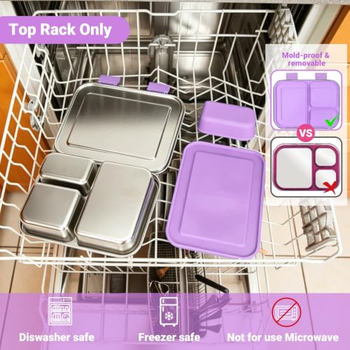 MaMix Stainless Steel Bento Lunch Box for Kids & Adults - Leakproof 4.4 Cup Lunch Container with 3 Compartments for School & Travel -Dishwasher Safe, BPA Free (purple) Purple