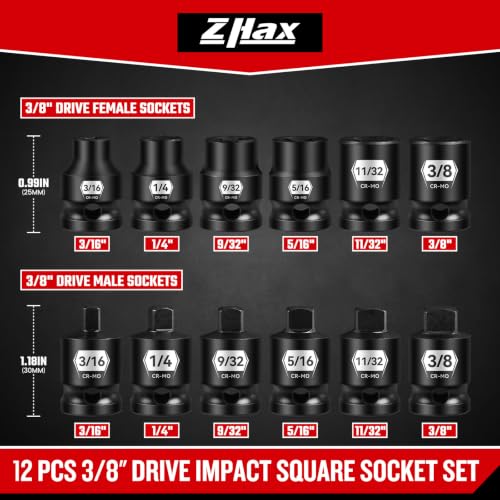 Zhax 12-piece 3/8-inch drive impact SAE pipe plug socket set in black Cr-Mo steel with square sockets