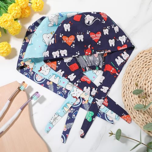 Pack of 3 Adjustable Surgical Cap with Button Work Cap Cotton Print Sick Nurses Cap Unisex Dust Caps (Cartoon Teeth Style) cartoon teeth style