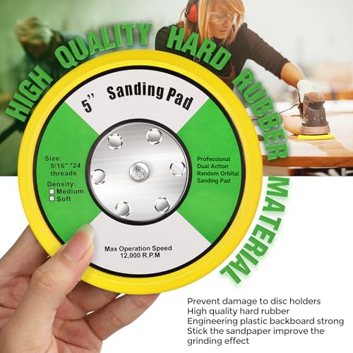 Sanding Disc 125 mm for Random Orbital Sander with 5/16"-24 Thread | Velcro Polishing Pad Replacement 5 Inch Grinder Support Pad for Grinding Machines Polishing Wood Metal (max. 12,000 rpm) 5"/125mm YELLOW