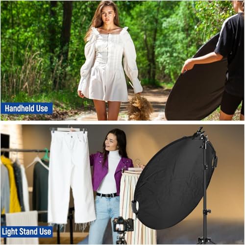 NEEWER 43"/110cm Light Reflector with Clamp & Hand Grips, 5 In 1 Collapsible Multi Disc Photography Reflector Translucent/Silver/Gold/White/Black with 3/8" Thread for Studio Outdoor Lighting, RF-110II 110cm w/Clamp