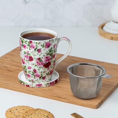 McIntosh Chintz red and pink roses fine bone china tea mug with lid and infuser, floral design and elegant shape.
