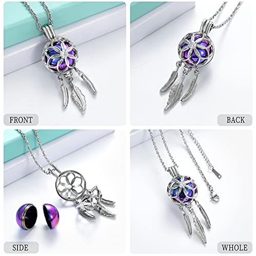 shajwo Cremation Jewelry Dream Catcher Urn Necklaces for Ashes Flower Feather Keepsake Memorial Hollow Pendant for Women Men Rainbow