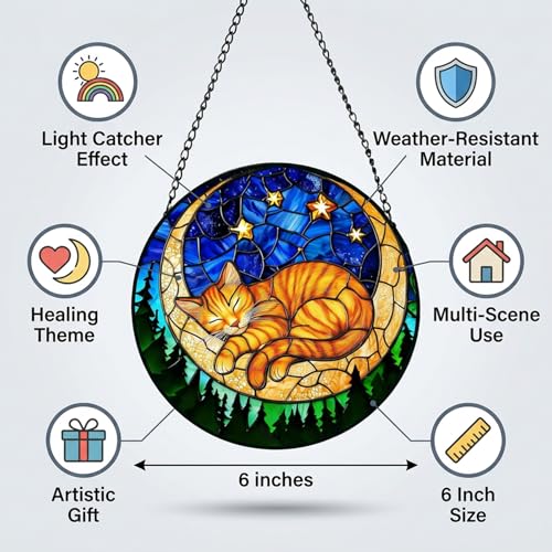 Stained Glass Suncatcher, Orange Sleeping Cat Moon Star Night Sky Catcher, 6-Inch Window Hanging Decor for Home Garden