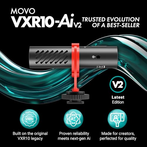 Movo VXR10-AI v2 Shotgun Microphone with AI Noise Cancellation - Camera Microphone for DSLR, Smartphone & Computer - Supercardioid On-Camera Mic with 3.5mm & USB-C Cables - Latest Version