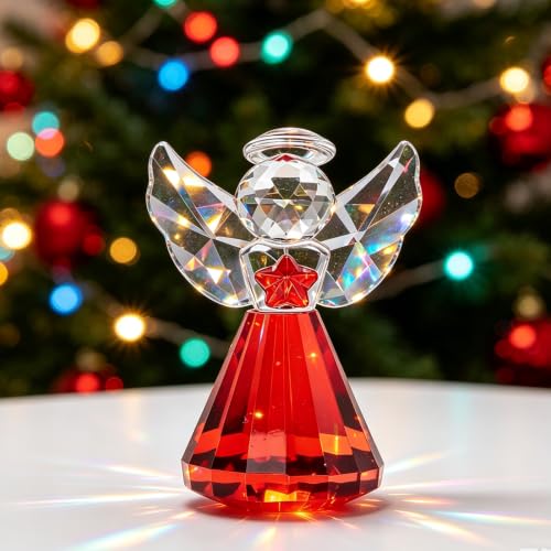 SYOWADA Deep Red Crystal Angel Figurine, K9 Glass Guardian Angel Statue, Healing Crystal Decor for Women Wife Mom, Birthday Valentine's Anniversary Home