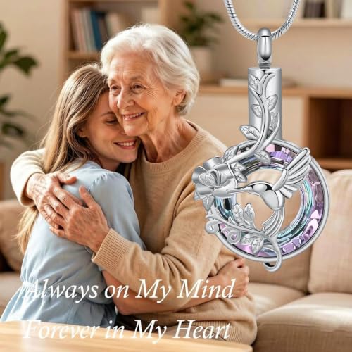 zeqingjw Crystal Hummingbird Cremation Urn Necklaces for Ashes Stainless Steel Urn Jewelry for Human Pets Keepsake Jewelry for Loved Ones Purple-Silver