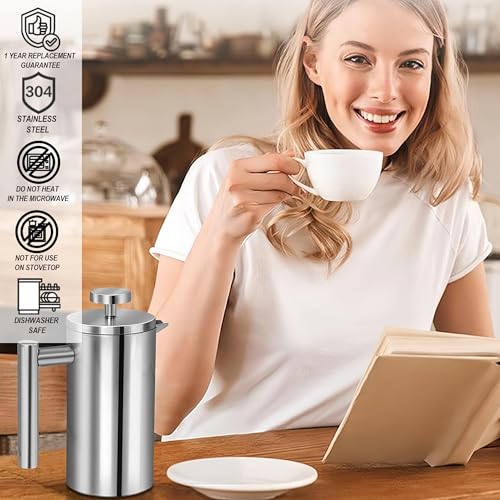 Small French Press Coffee Maker 1 Cup - 12oz/350ml Single Cup Metal French Press(1 Cup), Stainless Steel Double Wall Insulated Coffee & Tea Maker w/ 3 Extra Screens + 1 Spoon (Silver), Dishwasher Safe Silver 12oz | 1 to 2 Cups