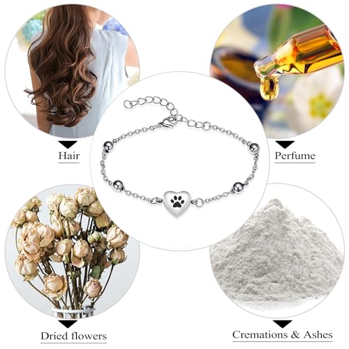 Paw Print Heart Urn Bracelet for Ashes Adjustable Stainless Steel Cremation Jewelry Memorial Keepsake Bracelet for Pets Ashes Dog Cat A-Silver