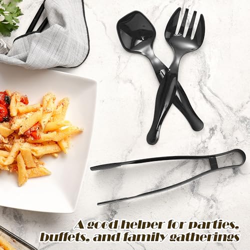 48 Pcs Black Plastic Serving Utensils Set 9'' Disposable Serving Utensils Spoons Forks Tongs for Serving Food Party Utensils Supplies for Buffet Banquets Weddings Restaurant Dinner Salad