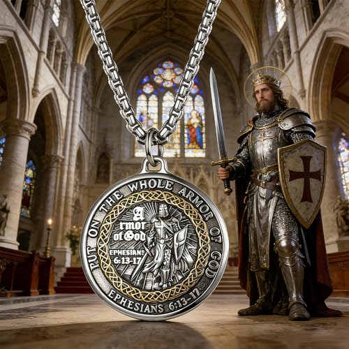 Flongo Armor of God Pendant Necklace – Christian Jewellery Engraved with Ephesians 6:11‑17 Bible Verse – Inspirational Religious Necklace for Men and Women – Gift for Baptism & Confirmation