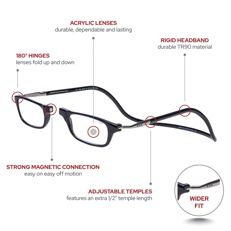 [Australia - AusPower] - Clic Magnetic Reading Glasses (Long Temples), Computer Readers, Replaceable Lens, Original Long, (M-L, Black, 2.50 Magnification) 2.5 x 