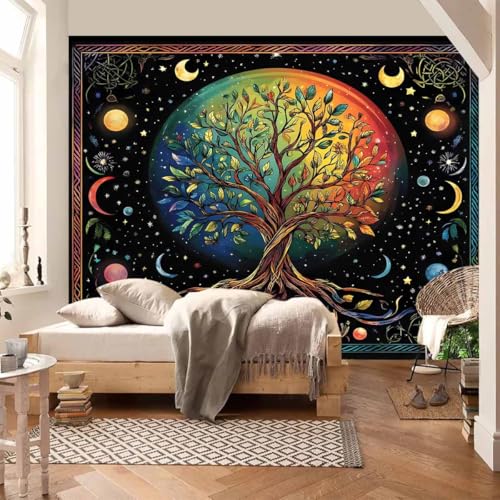 FENDROM Moon Phase Tree of Life Tapestry Galaxy Sun and Moon Flower Plant Tapestries Boho Mandala Spiritual Aesthetic Wall Hanging Backdrop Blanket for Bedroom Living Room Dorm Decor 79"L x 59"W
