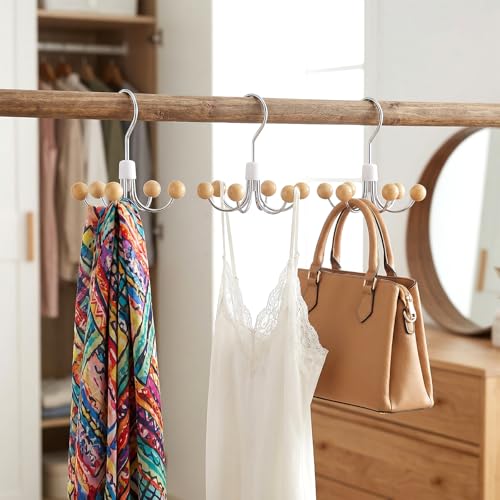 4-Pack 360° Swivel Hoodie Hanger with 6 Natural Wood Balls, Multi-Hook Closet Organizer for Sweatshirts, Purses, Hats, Bras & Accessories Storage