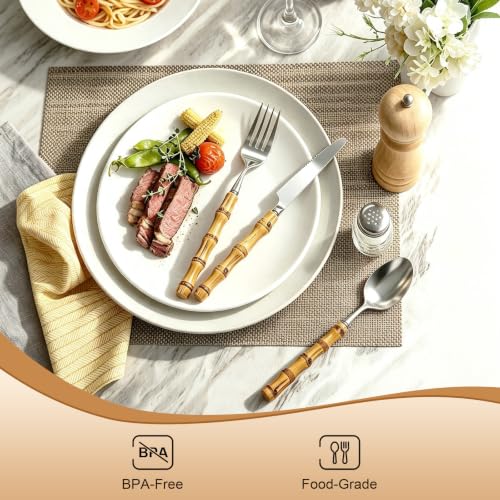 20-Piece Bamboo Handle Silverware Set for 4, 18/8 Stainless Steel Flatware Includes Knives, Forks and Spoons, Rust-Resistant Reusable Cutlery for Kitchen, Dining and Camping