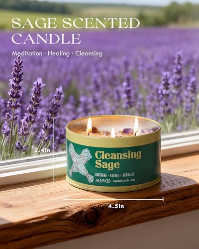AOOVOO Sage Candle for Cleansing - 3 Wick 12oz Large Scented Candle with Crystals & Sage Leaves Inside, Soy Candles Non Toxic for Meditation Spiritual Gift, Aromatherapy Candle for Women Men