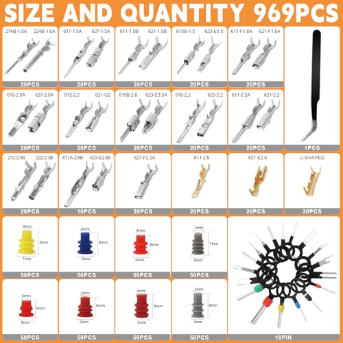 969pcs Car Connector Set with SN-58B Crimping Tool Cable Connector Pins 1.0-3.5mm Crimping Range 0.25-1.5mm² AWG 23-16 Sealing Plugs and 18 Unpin Tools for Car, Motorcycle and Boat 970 Stück