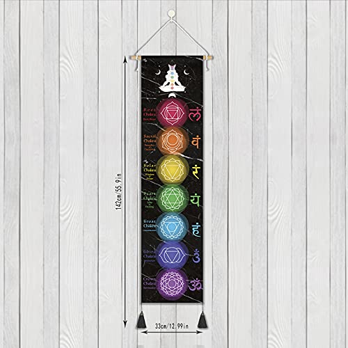 DigiTizerArt Hanging Poster Canvas Wall Art Banner for Meditation 7 Chakras Yoga Painting | Wall Hanging Tapestry Decoration Black and White | 33 x 135 cm (Black) Style-A Black