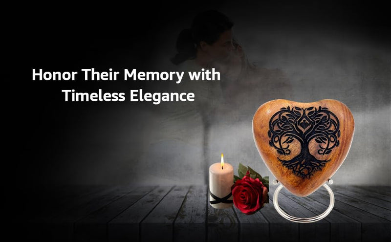 5MOONSUN5's Wooden Heart Tree of Life Engraved Urn Keepsake Cremation Urn for Human pet Ashes Handcrafted Urn Heart Shaped - Perfect for Adults & Infants with Brass Stand 3 inch