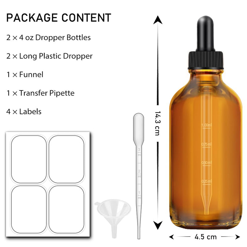 [Australia - AusPower] - 2 Pack 4 oz Amber Dropper Bottles, Tincture Bottles with Dropper, Glass Serum Bottle with Dropper for Essential Oils with Funnel, Labels & Pipette(Unbreakable Plastic Eye Dropper) 