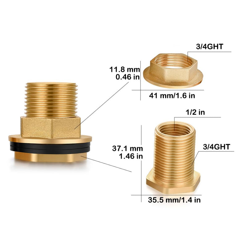[Australia - AusPower] - Brass Water Tank Connector Bulkhead Tank Fitting 1/2" Female 3/4" GHT Male Water Tank Connector (2 Pack) 2 Pack 