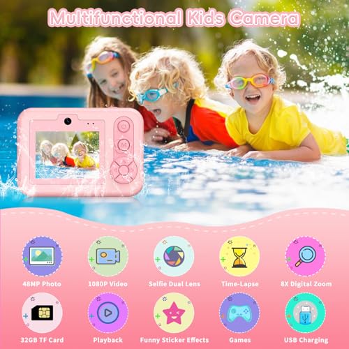 Underwater Camera for Kids - IP68 Waterproof Camera, 48MP Dual Lens, 1080P Video Recording, Toddler Camera for Pool & Beach, Ideal Christmas Birthday Gifts for Boys Girls Age 3-12(Cute Pink) Cute Pink