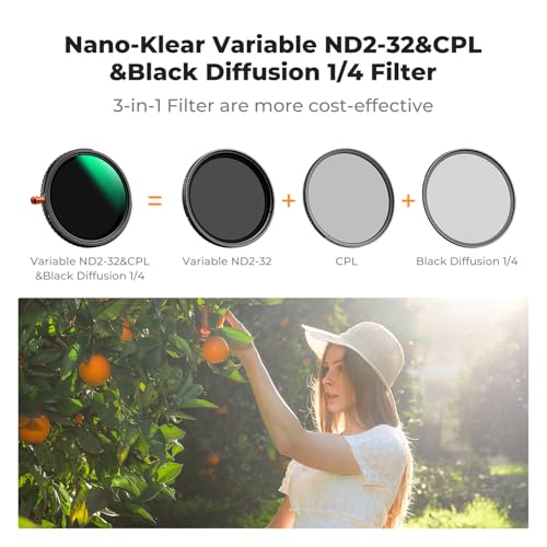 K&F CONCEPT 72mm Black Diffusion 1/4 & Variable ND2-32 & Polarizing-in 1