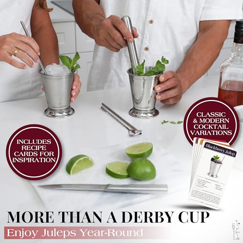 Gusto Nostro Mint Julep Cups Set of 2 - Stainless Steel Julep Cup Kit with Straws, Muddler, Spoon,Recipes, Vases - Southern-style Cocktail Glasses for Home Bar - Stainless Steel Cocktail Cups (Silver) Silver