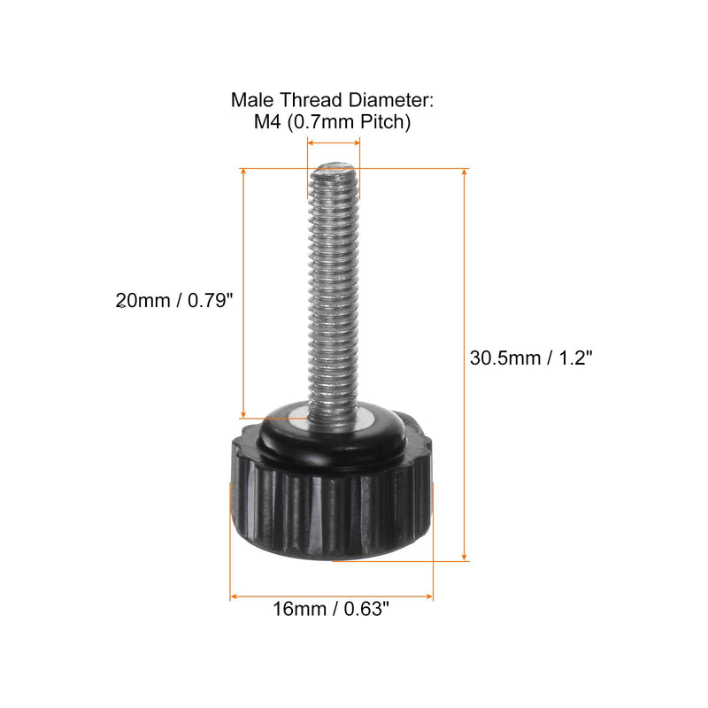 [Australia - AusPower] - 16pcs Knurled Knobs M4 x 20mm Male Thread 16mm Head Grip Plastic Metric Clamping Knobs Handles Thumb Screws with Threaded Stud, Black 