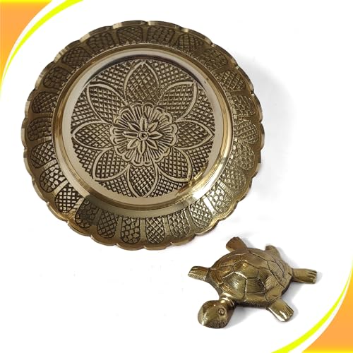 GURU JEE Fengshui Brass Turtle Tortoise Kachua on Metal Plate Vastu Statue Figurine Idol (Medium)