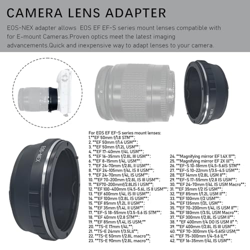EOS-NEX Lens Adapter Compatible with EF, EF-S Lens to E-Mount Camera Body, fits NEX-3,NEX-5,NEX-7,NEX-7N,Camcorder NEX-VG10,EF to NEX Lens Adapter Canon EOS to NEX adapter