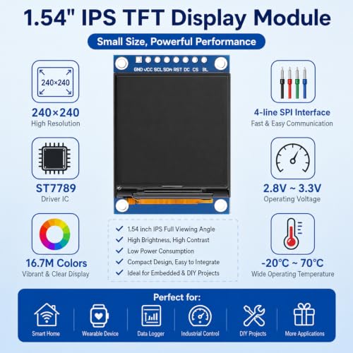 1.54 Inch TFT LCD Screen Module Ulegqin HD IPS LCD Display with Driver IC 7789 Colour Display Resolution 240 x 240 SPI Interface Compatible with Arduino