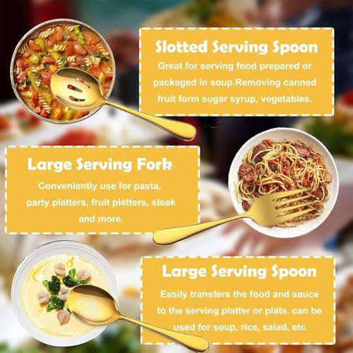 11PCS Stainless Steel Serving Utensils Set Large Slotted Spoons Food Tongs Serving Spoons Forks Multi-Purpose Gold Flatware for Buffet Dinner Party Catering Kitchen Entertaining (Gold)
