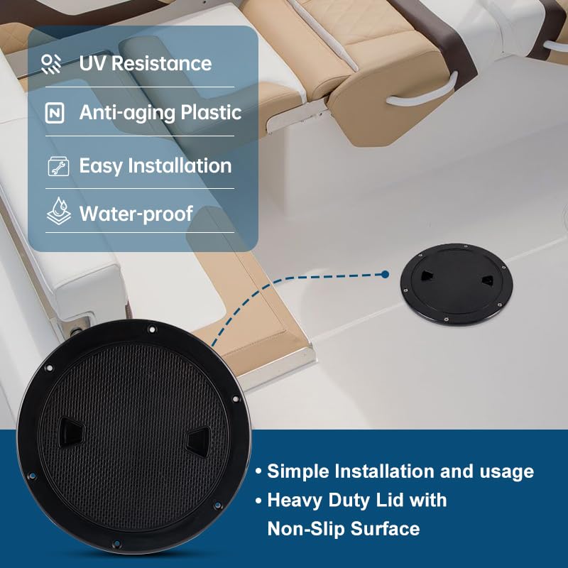 Boat-Ready Black Round Non-Slip Inspection Hatches - Sizes 4", 6", 8" with Detachable Cover - ABS Plastic Screw Out Access Hatch Cover for Kayak, Yacht, Marine Accessories Black 6 inch