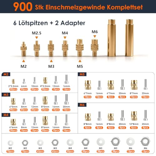 900 Stk Gewindeeinsätze Lötspitzen Set mit Schrauben, Muttern und Unterlegscheiben, Lötpistole & 6 Lötspitzen & 2 Adapter, Lötkolbenständer & Pinzette, M2-M6 Gewindeeinsätze für 3D-Druck